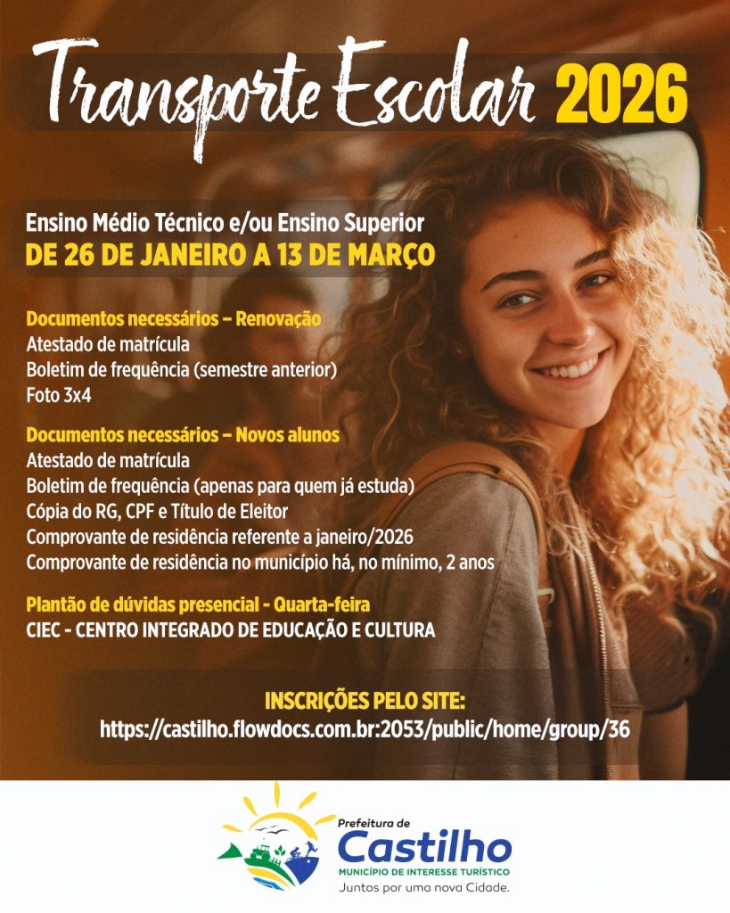 TRANSPORTE ESCOLAR: Inscrições Abertas em Castilho