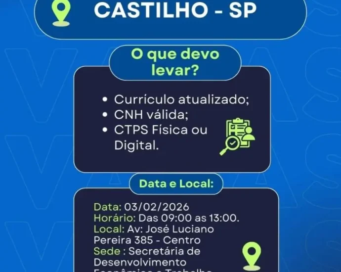 VAGA DE EMPREGO EM CASTILHO SP: MUTIRÃO DE ENTREVISTAS DIA 03/02