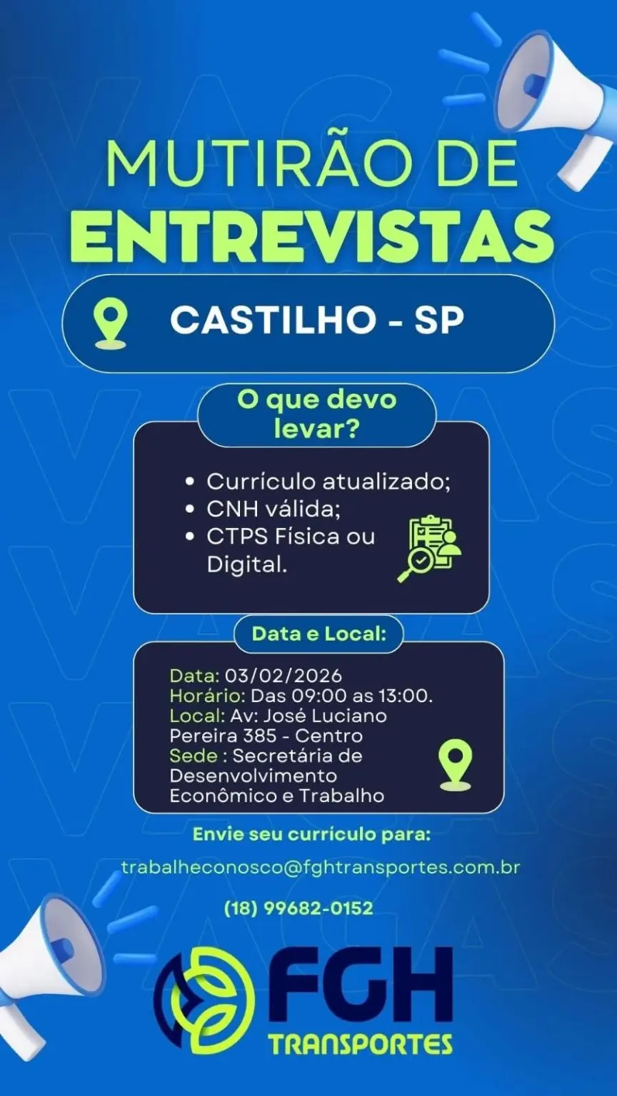 VAGA DE EMPREGO EM CASTILHO SP: MUTIRÃO DE ENTREVISTAS DIA 03/02