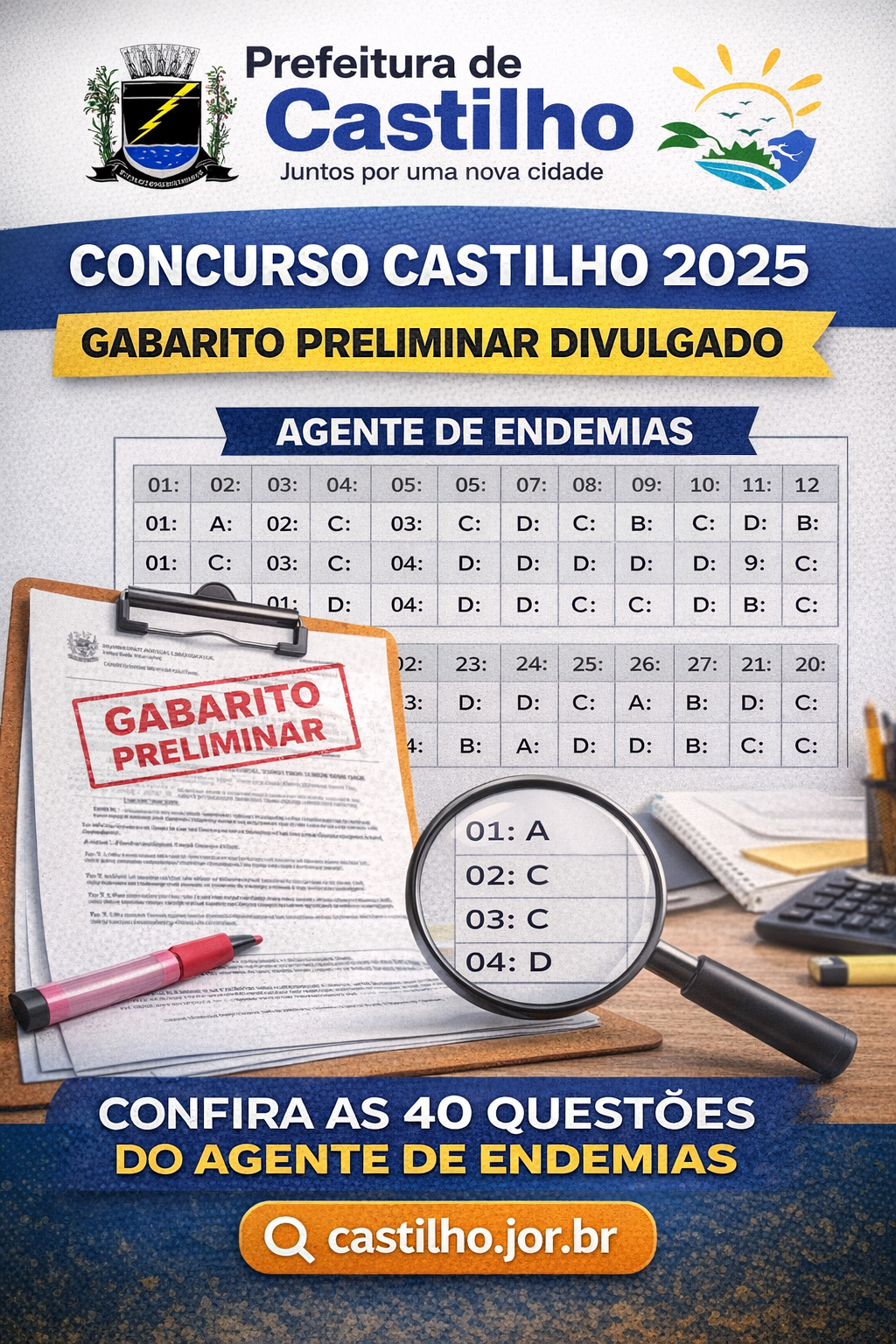 GABARITO CONCURSO CASTILHO: CONFIRA AS 40 QUESTÕES DO AGENTE DE ENDEMIAS