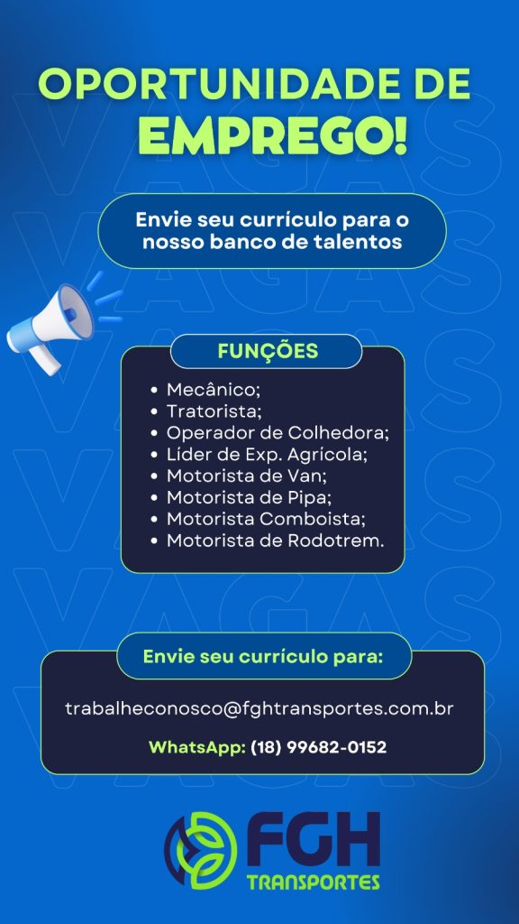 FGH TRANSPORTES OFERECE OPORTUNIDADES DE EMPREGO EM CASTILHO