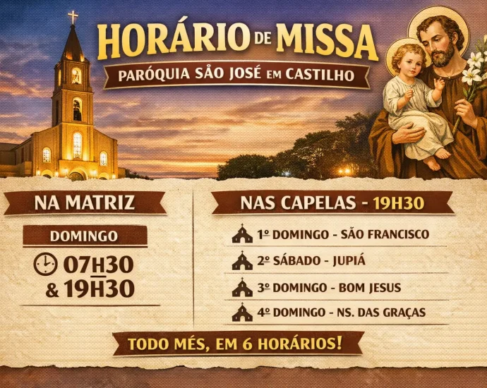 HORÁRIO DE MISSA PARÓQUIA SÃO JOSÉ: CONFIRA OS 6 HORÁRIOS EM CASTILHO