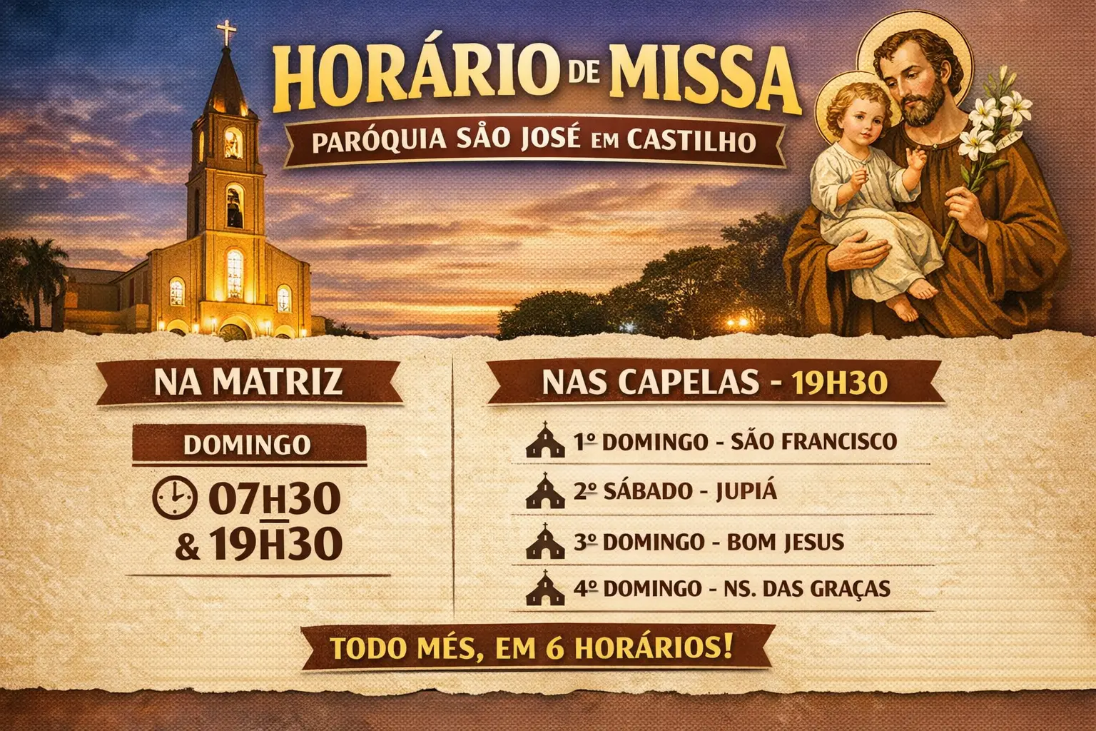 HORÁRIO DE MISSA PARÓQUIA SÃO JOSÉ: CONFIRA OS 6 HORÁRIOS EM CASTILHO
