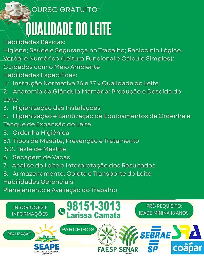 QUALIDADE DO LEITE: SEAPE Abre Inscrições para Curso Gratuito