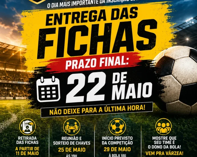 Campeonato Varzeano de Castilho 2026 entra na reta final das inscrições e prazo para entrega das fichas termina no dia 22 de maio.
