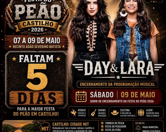 Faltam 5 dias para a Festa do Peão em Castilho 2026 e Day & Lara encerram programação musical
