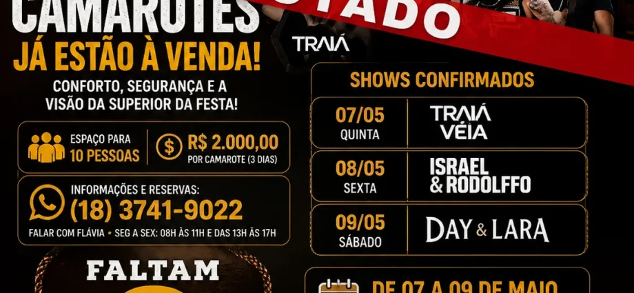 Faltam 3 dias para a Festa do Peão em Castilho 2026 e camarotes esgotados indicam alta procura