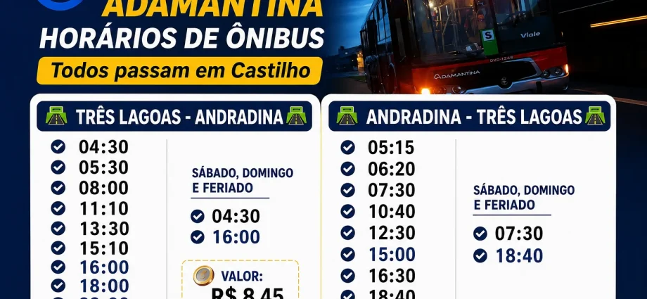 Horários de ônibus da Expresso Adamantina em Castilho: confira as linhas entre Três Lagoas e Andradina