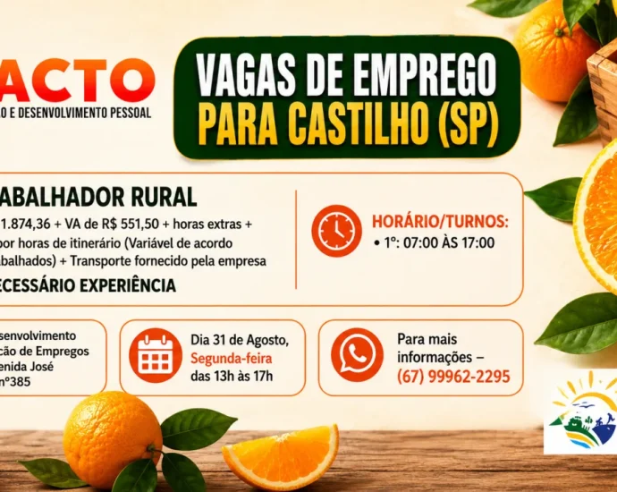 Cutrale abre 30 vagas de emprego em Castilho com entrevistas no dia 31 de agosto