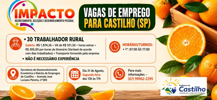 Cutrale abre 30 vagas de emprego em Castilho com entrevistas no dia 31 de agosto